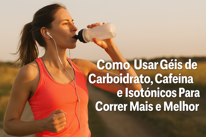 Corredor hidratando-se durante a corrida, com suplementos esportivos ao redor, representando energia e recuperação.