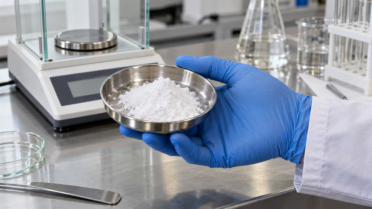 Mão com luva segura bandeja de inox com creatina em pó numa bancada de laboratório