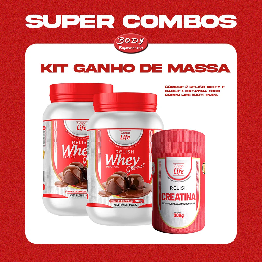 Kit Ganho de Massa: Compre 2 Relish Whey e ganhe 1 creatina 300g corpo life 100% pura Corpo Life - imagem 1