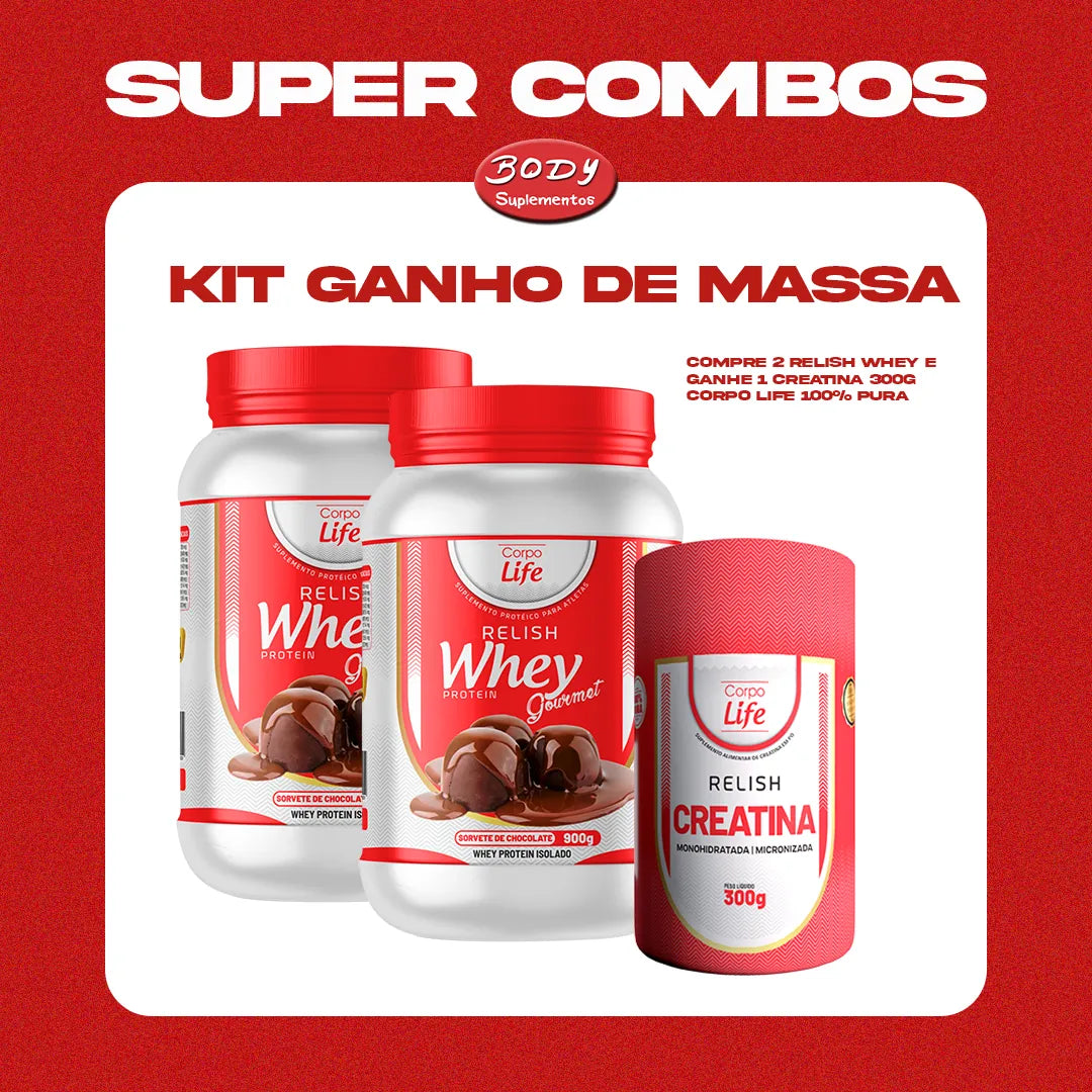 Kit Ganho de Massa: Compre 2 Relish Whey e ganhe 1 creatina 300g corpo life 100% pura Corpo Life - imagem 1