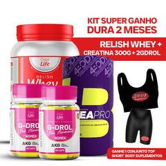 Kit Super Ganho de Massa: Relish Whey + 2 potes Gdrol Woman + Creapro