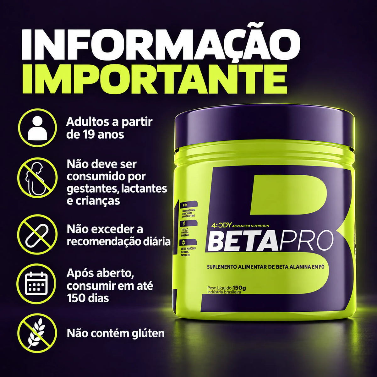 Informações importantes da beta-alanina Beta Pro 150 g 4Body: advertências e conservação