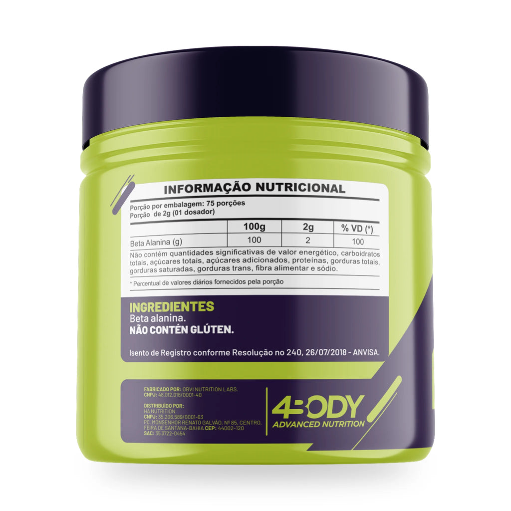 Rótulo da Beta-alanina Beta Pro 150g 4Body com tabela nutricional, modo de uso e advertências