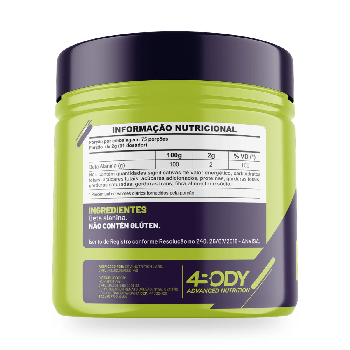 Rótulo da Beta-alanina Beta Pro 150g 4Body com tabela nutricional, modo de uso e advertências
