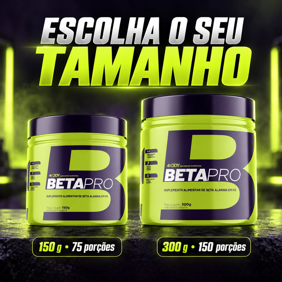 Beta-alanina Beta Pro 4Body nos tamanhos de 150g com 75 porções e 300g com 150 porções