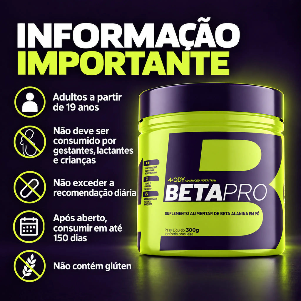 Informações importantes da beta-alanina Beta Pro 300 g 4Body: advertências e conservação