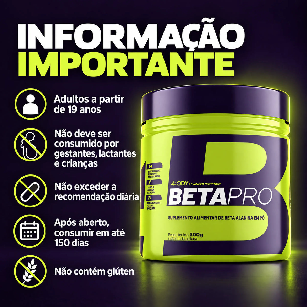 Informações importantes da beta-alanina Beta Pro 300 g 4Body: advertências e conservação