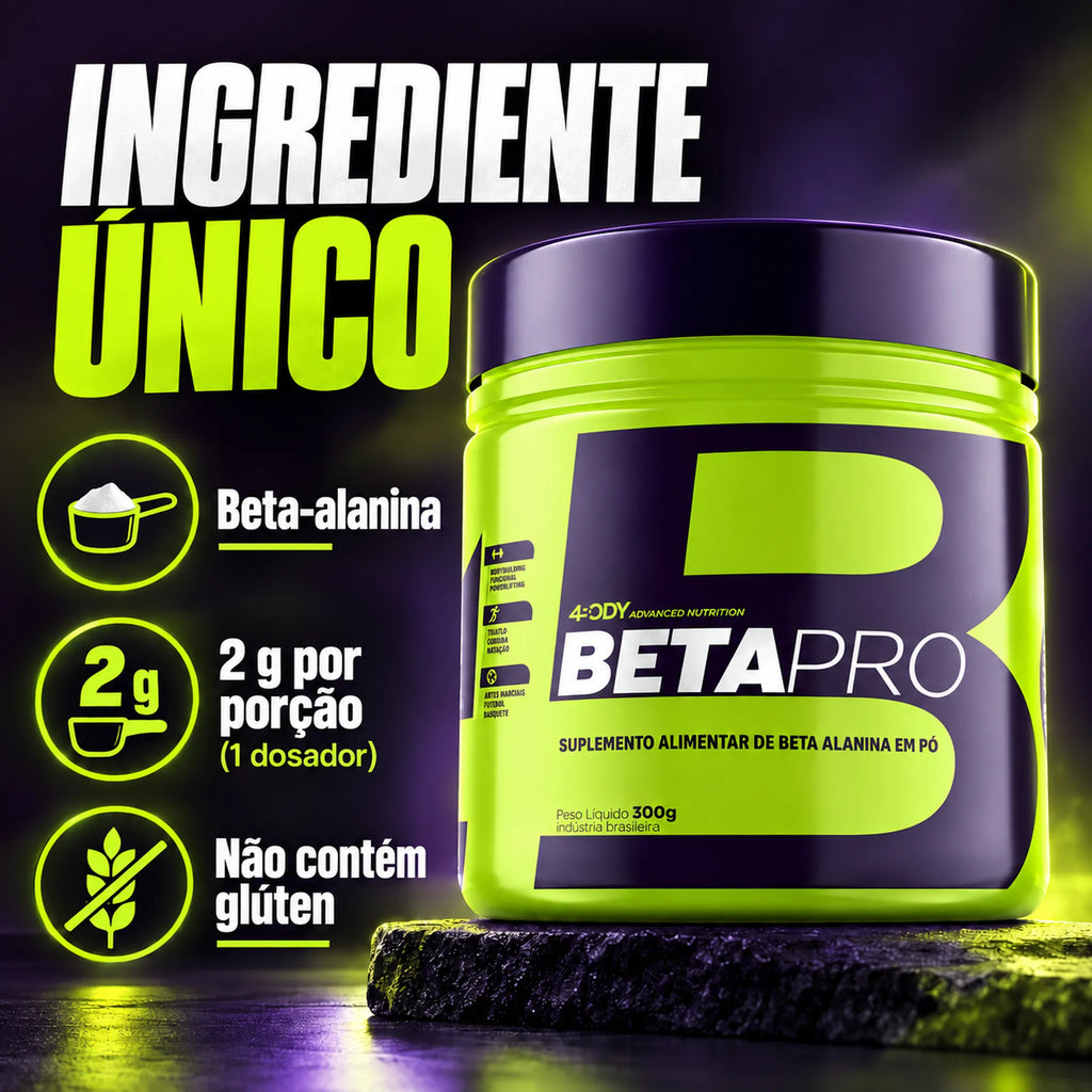 Beta Pro 300 g 4Body com ingrediente único: 2g de beta-alanina por porção