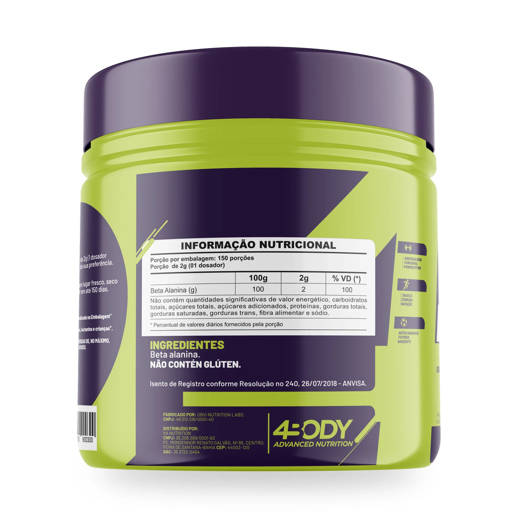 Rótulo da Beta-alanina Beta Pro 300g 4Body com tabela nutricional, modo de uso e advertências