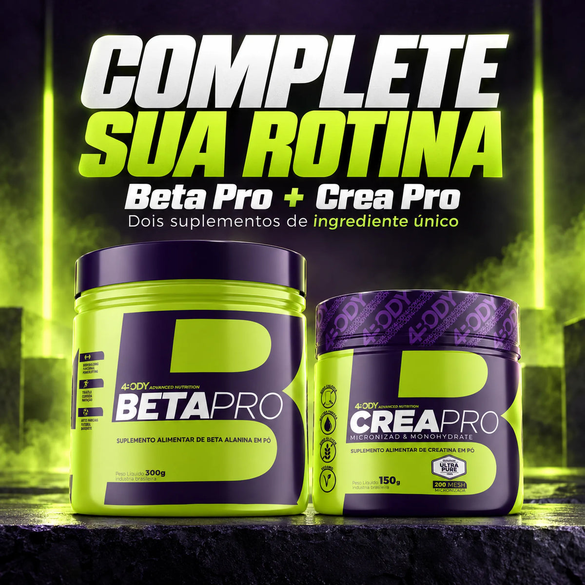 Beta Pro 300 g e Crea Pro 150g da 4Body, dois suplementos de ingrediente único