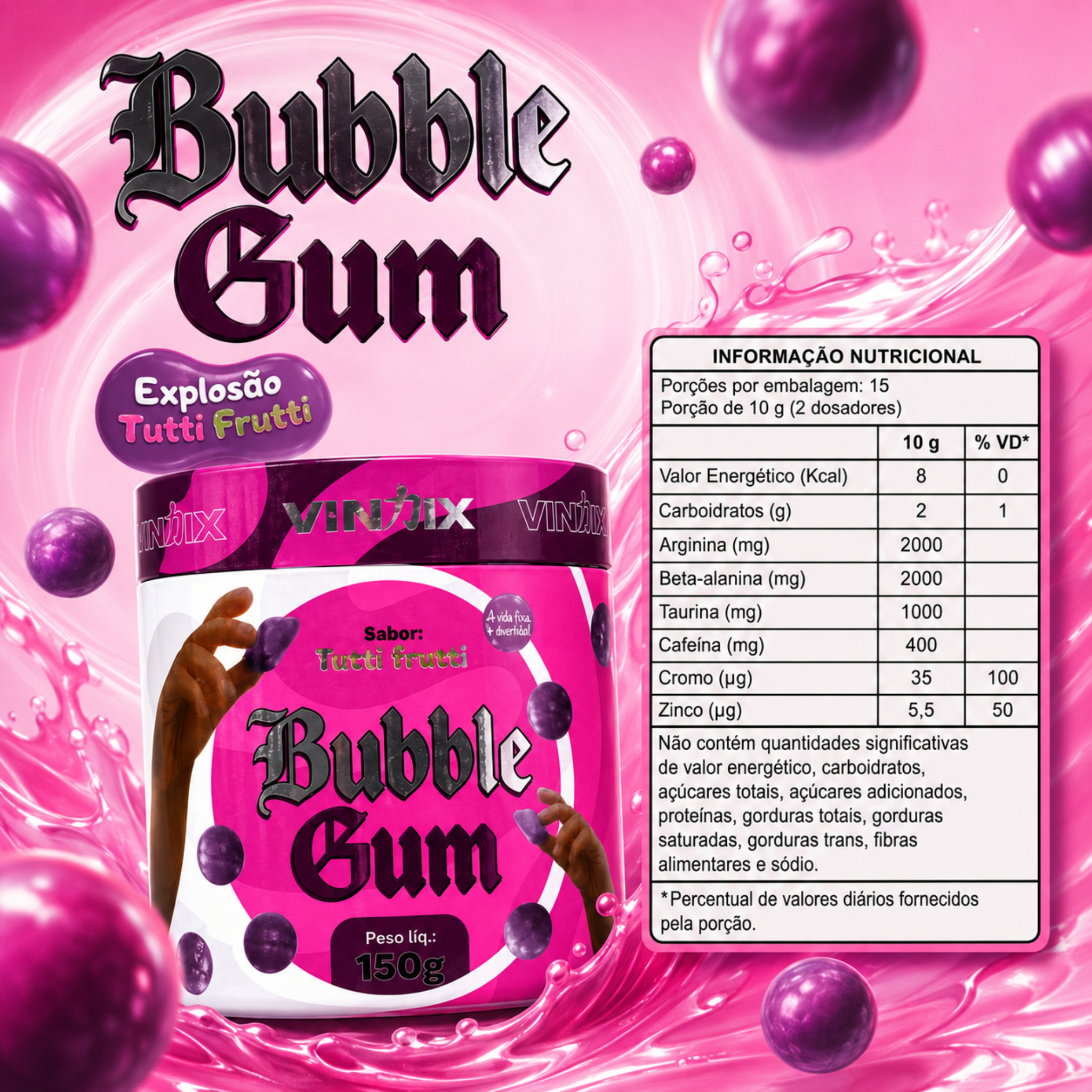 Bubble Gum Pré treino Vindix Tutti frutti - 150g