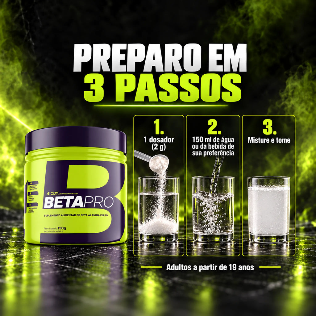 Como tomar a beta-alanina Beta Pro 150 g 4Body: 1 dosador de 2g em 150ml de água
