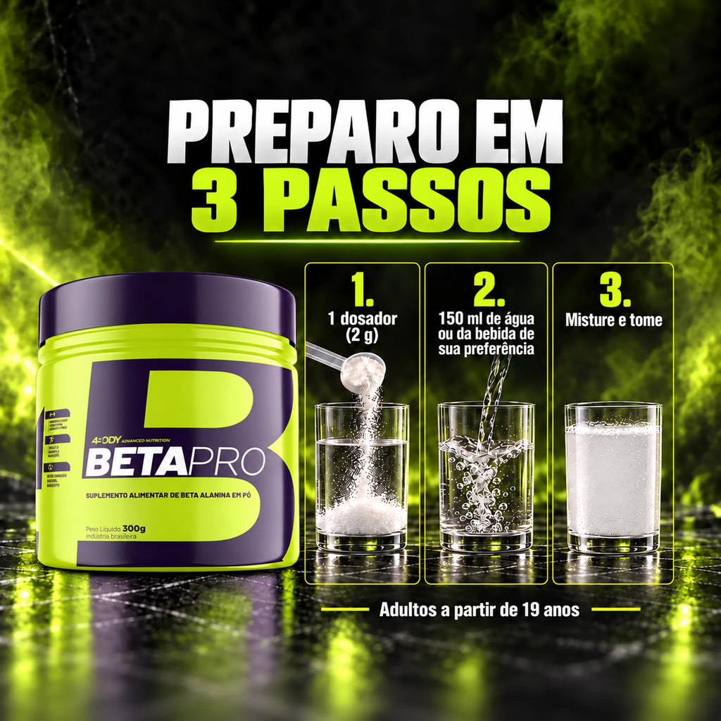 Como tomar a beta-alanina Beta Pro 300 g 4Body: 1 dosador de 2g em 150ml de água