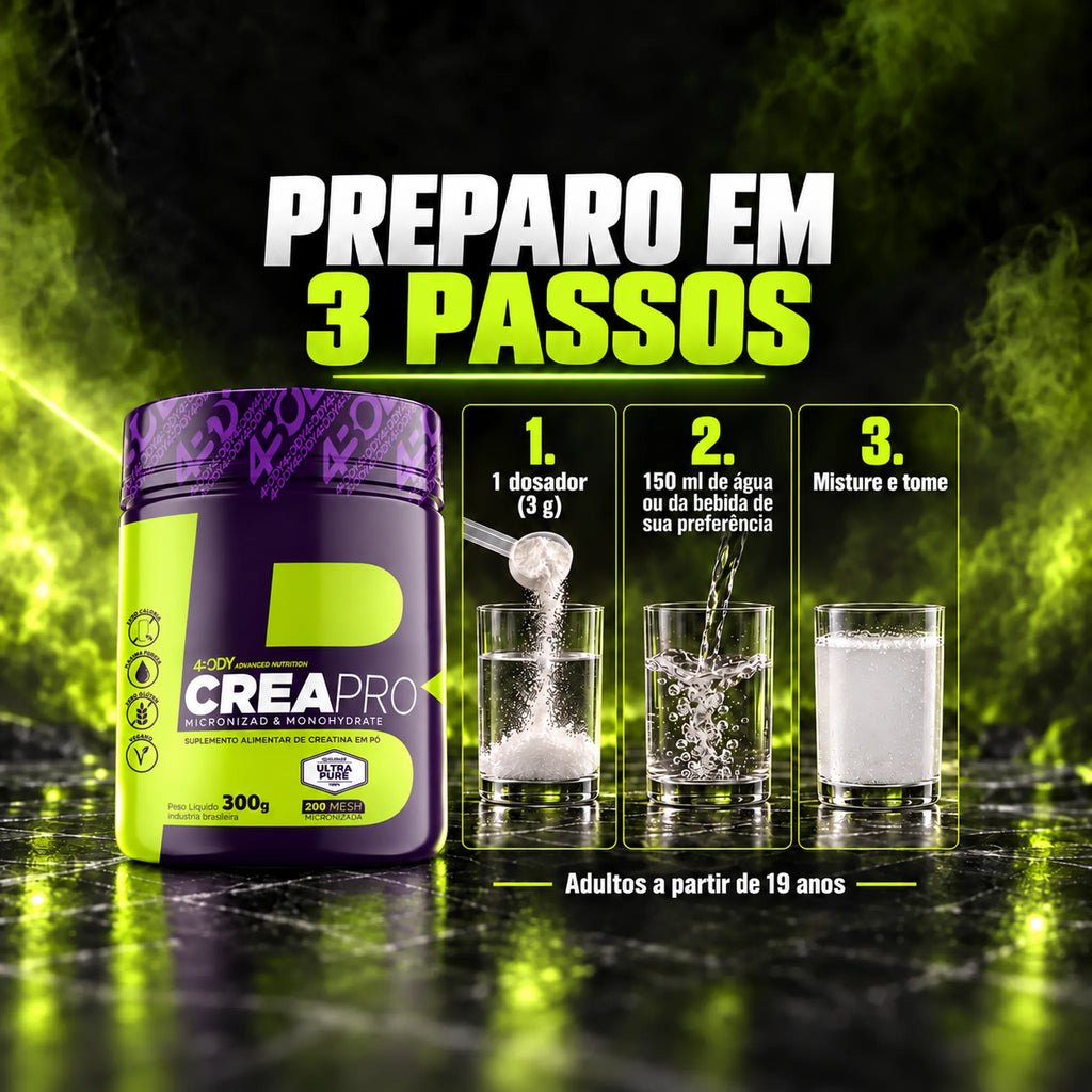 Como tomar a creatina Crea Pro 300 g 4Body: 1 dosador de 3g em 150ml de água