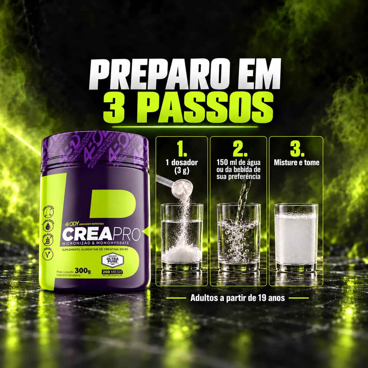 Como tomar a creatina Crea Pro 300 g 4Body: 1 dosador de 3g em 150ml de água