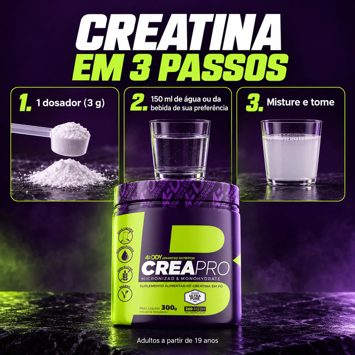 Como tomar a creatina Crea Pro 300g 4Body: 1 dosador de 3g em 150ml de água