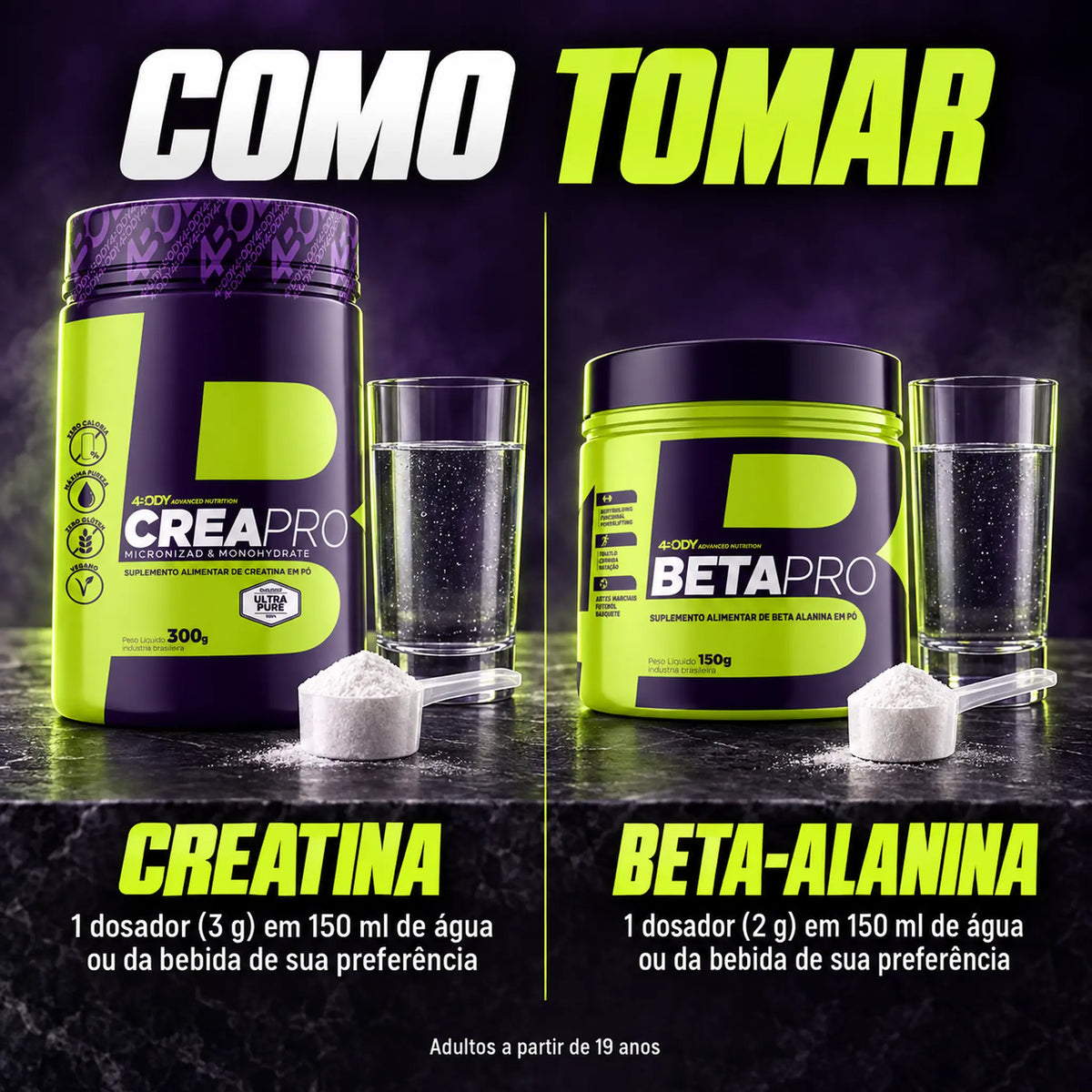 Como tomar a creatina Crea Pro e a beta-alanina Beta Pro da 4Body: 1 dosador em 150ml de água