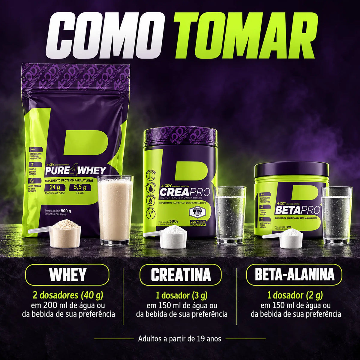 Como tomar o whey Pure Whey, a creatina Crea Pro e a beta-alanina Beta Pro da 4Body