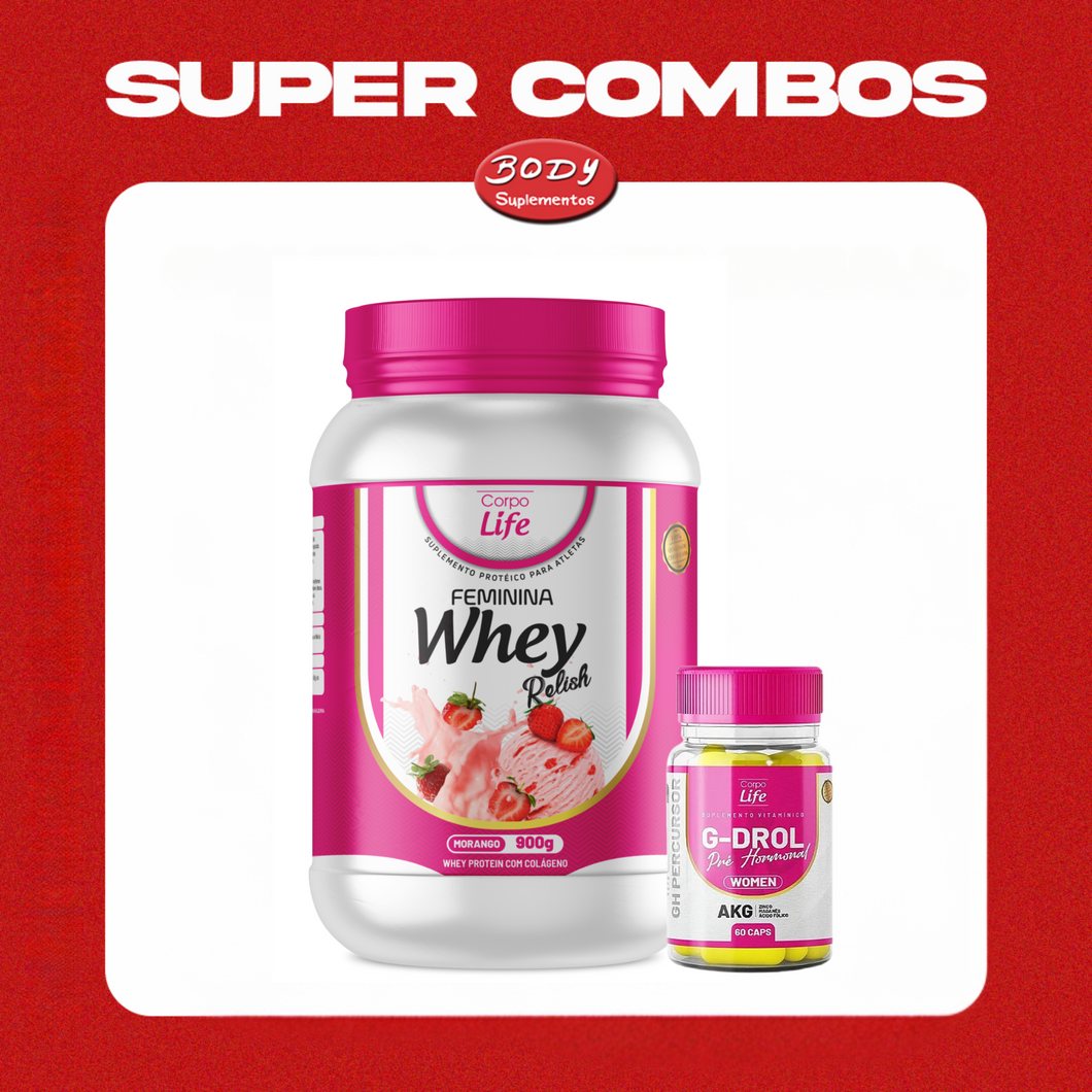 Combo Performance Feminina: Whey Relish feminna 900 g + G-Drol Woman 60 cápsulas Corpo Life