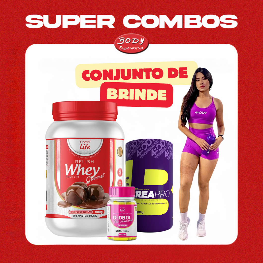 Combo Whey + Creatina + G-Drol ganhe 1 conjunto top e Short Body Suplementos