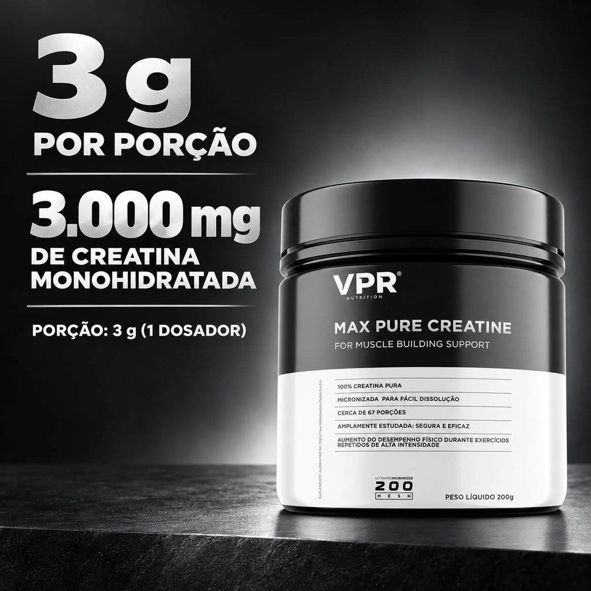 Max Pure Creatine 200g VPR Nutrition com 3g de creatina por porção