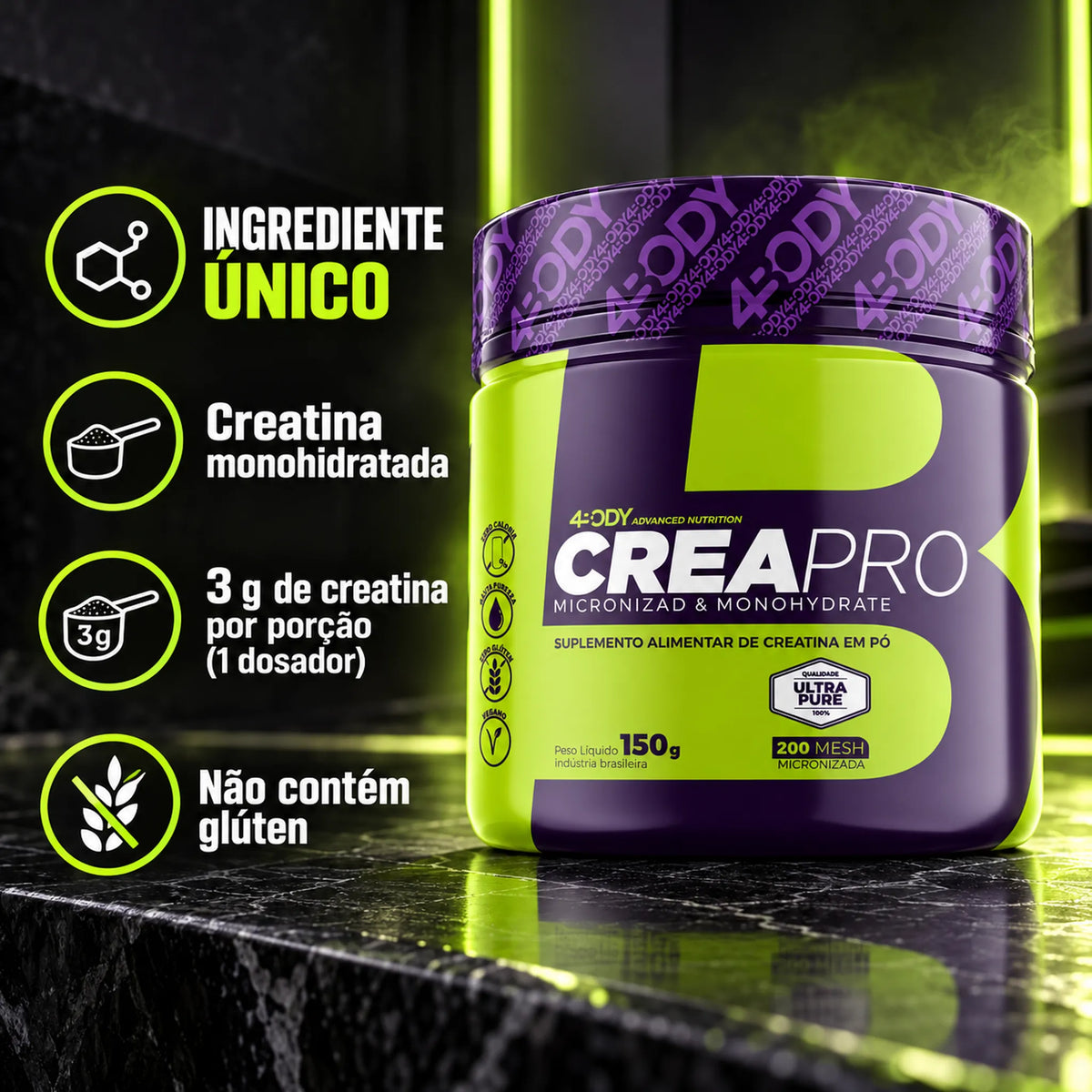 Creatina Crea Pro 150 g 4Body com ingrediente único: 3g de creatina monohidratada por porção