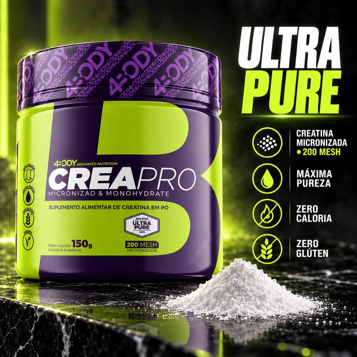 Creatina Crea Pro 150 g 4Body ultra pure micronizada 200 mesh, zero caloria e zero glúten