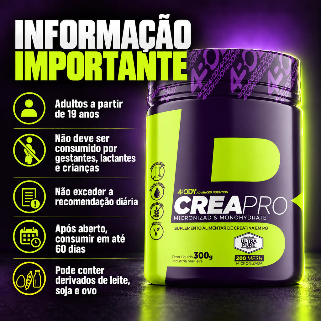 Informações importantes da creatina Crea Pro 300 g 4Body: advertências, conservação e alérgicos