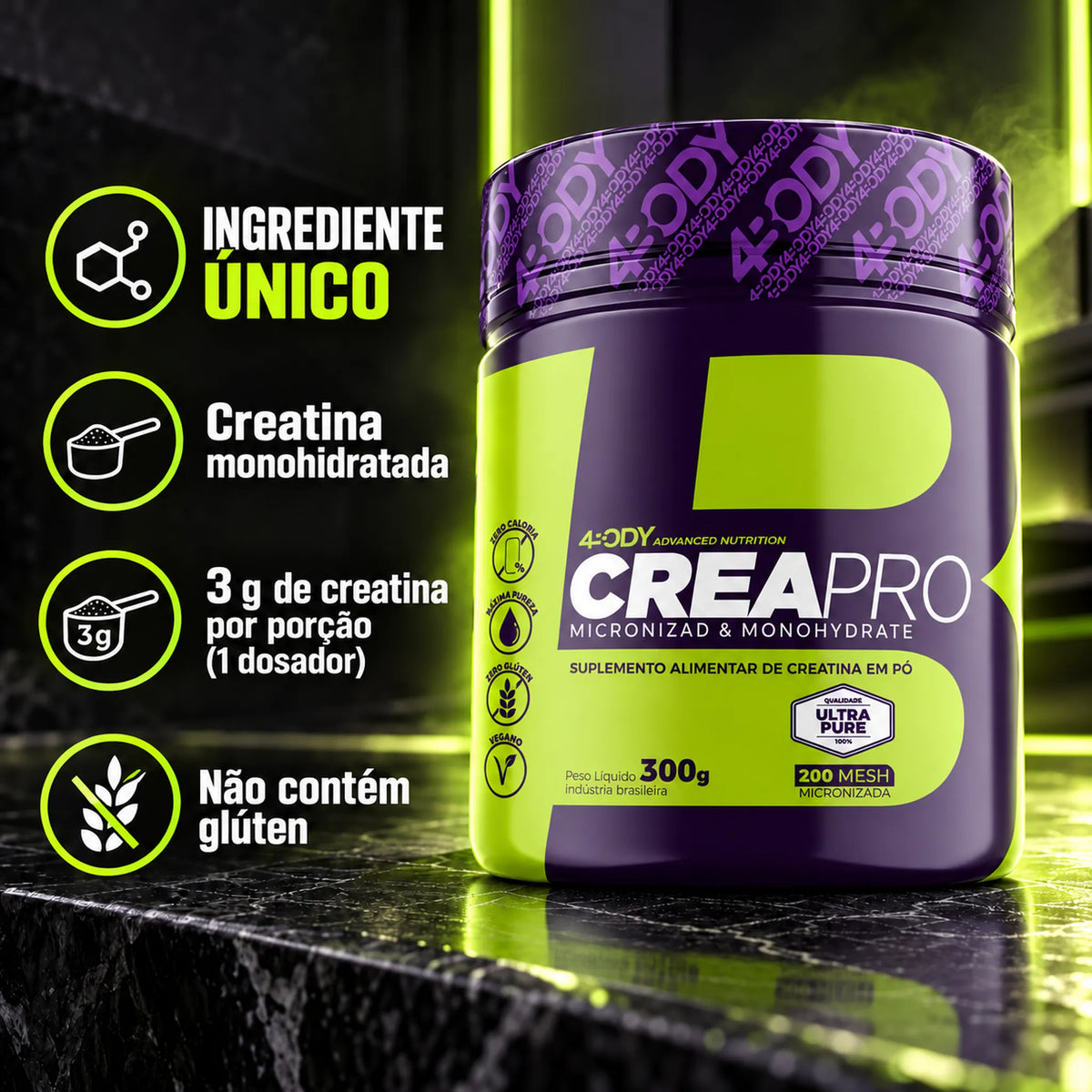 Creatina Crea Pro 300 g 4Body com ingrediente único: 3g de creatina monohidratada por porção