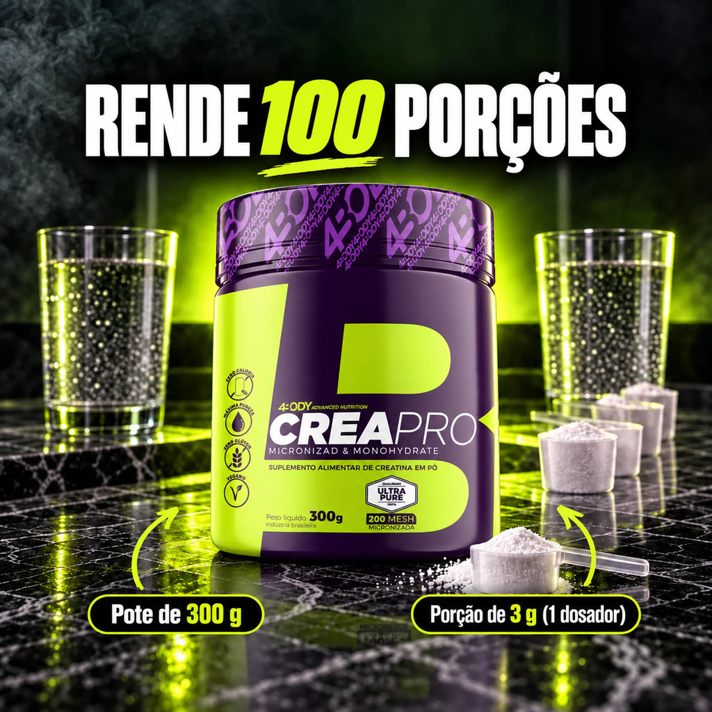 Creatina Crea Pro 300 g 4Body rende 100 porções de 3g