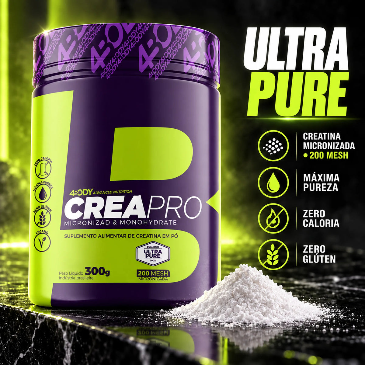 Creatina Crea Pro 300 g 4Body ultra pure micronizada 200 mesh, zero caloria e zero glúten