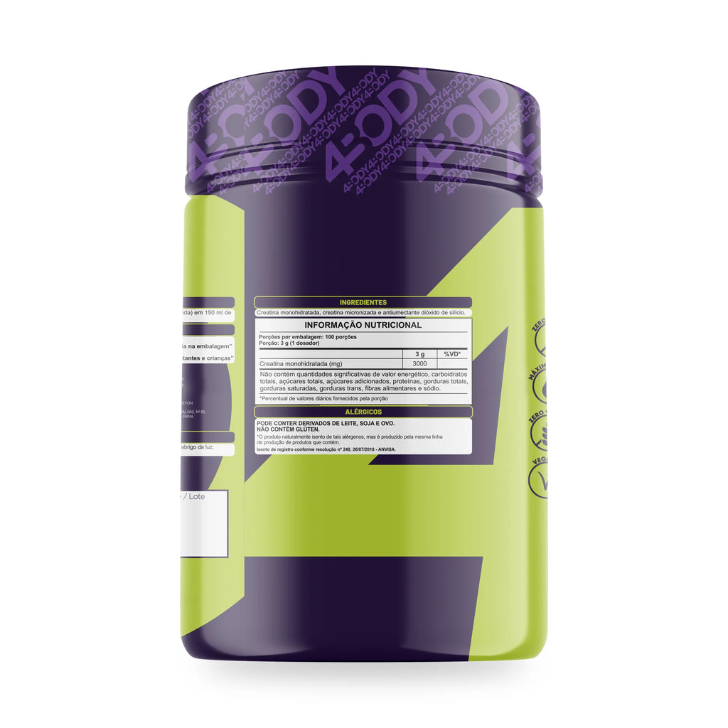 Rótulo da Creatina Crea Pro 300g 4Body com tabela nutricional, ingredientes e advertências