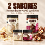 Creme de avelã Bendu Cream nos sabores bombom branco e avelã com cacau, potes de 300g e mini 150g
