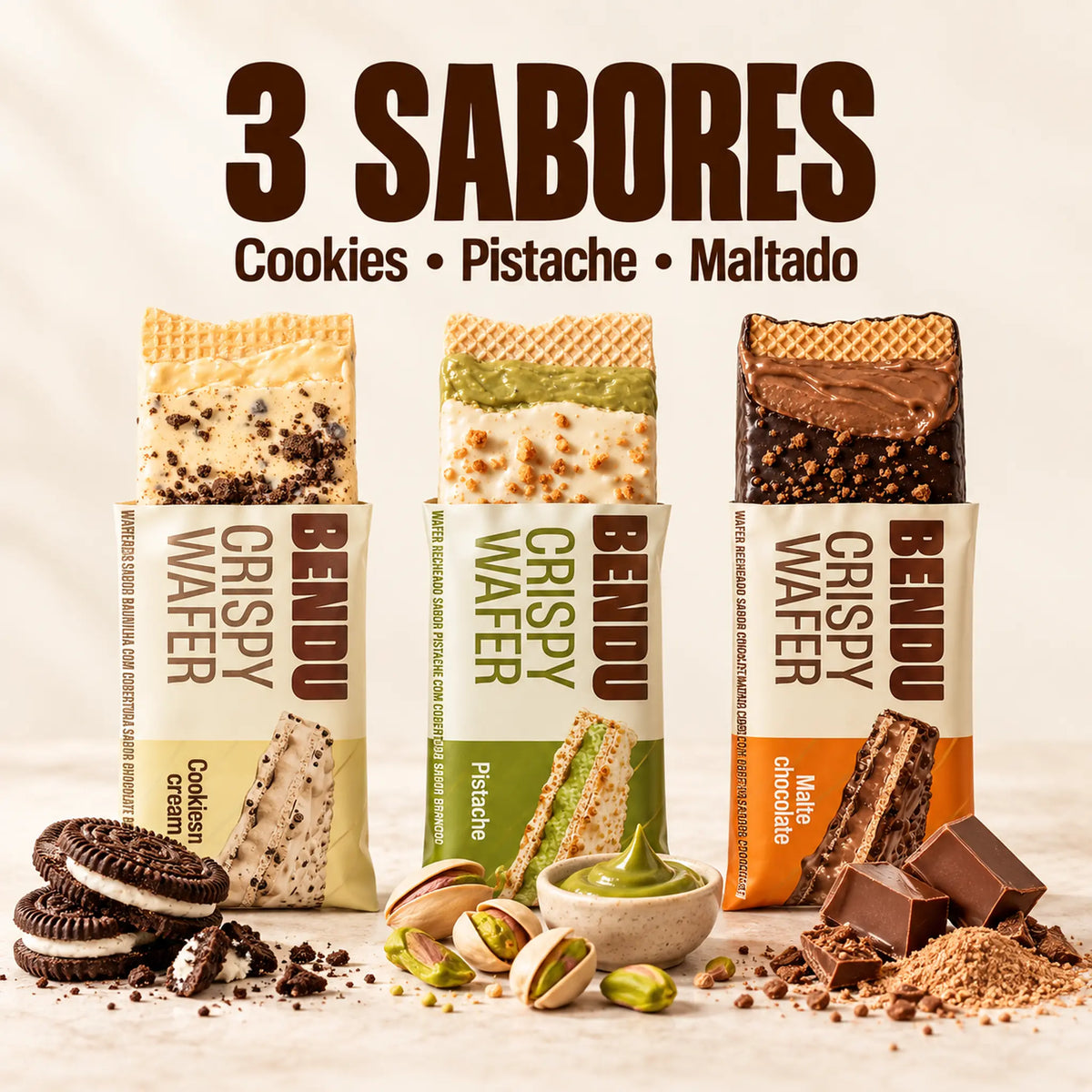 Crispy Wafer Bendu 40g nos sabores cookies, pistache e maltado