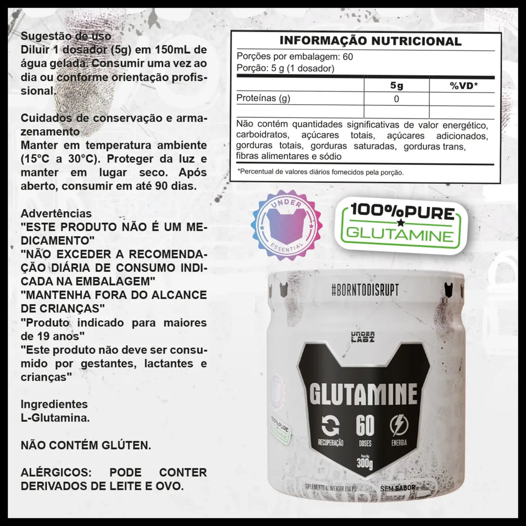 Glutamina Under Labz 300g Glutamina 100% Pura Sem Sabor 60 Doses, foto 2