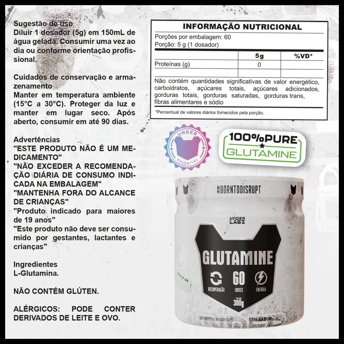 Glutamina Under Labz 300g Glutamina 100% Pura Sem Sabor 60 Doses, foto 2
