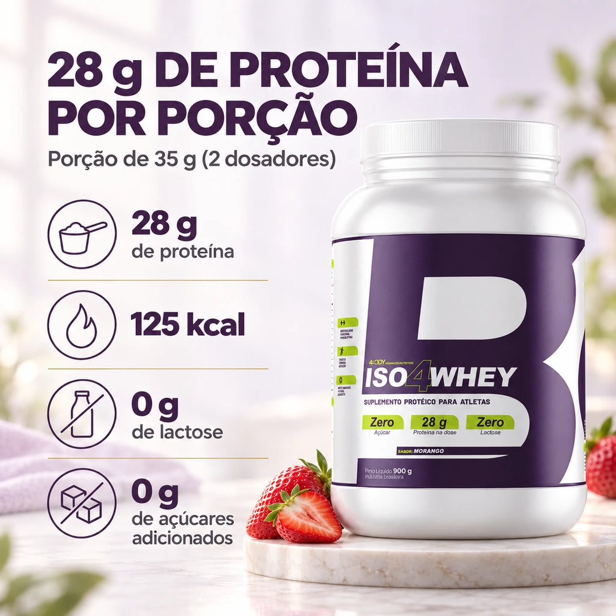Iso4Whey 900g 4Body tem 28g de proteína, 125 kcal e 0g de lactose por porção de 35g