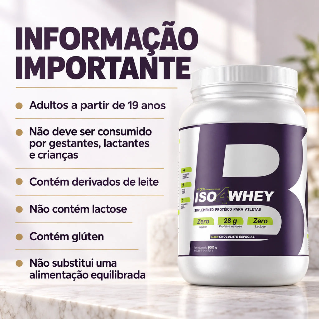 Informações importantes do Iso4Whey 900g 4Body: alérgicos, contém glúten, não contém lactose