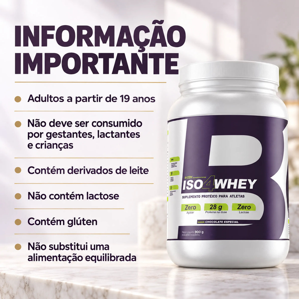 Informações importantes do Iso4Whey 900g 4Body: alérgicos, contém glúten, não contém lactose