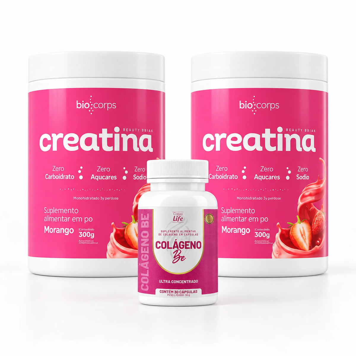 Dois potes de Creatina Beauty Drink Biocorps com o Colágeno Be Corpo Life de brinde
