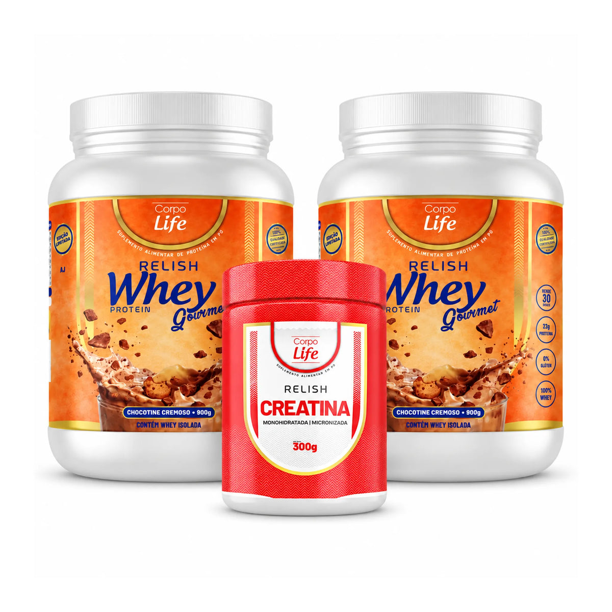 Kit Compre 2 Relish Whey e ganhe 1 Creatina 300g Corpo Life