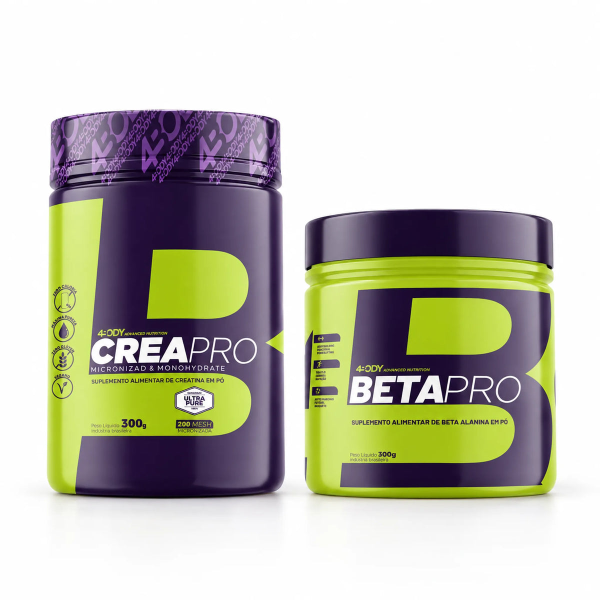 Kit Creapro 300g e Beta Pro 300g 4Body Nutrition lado a lado