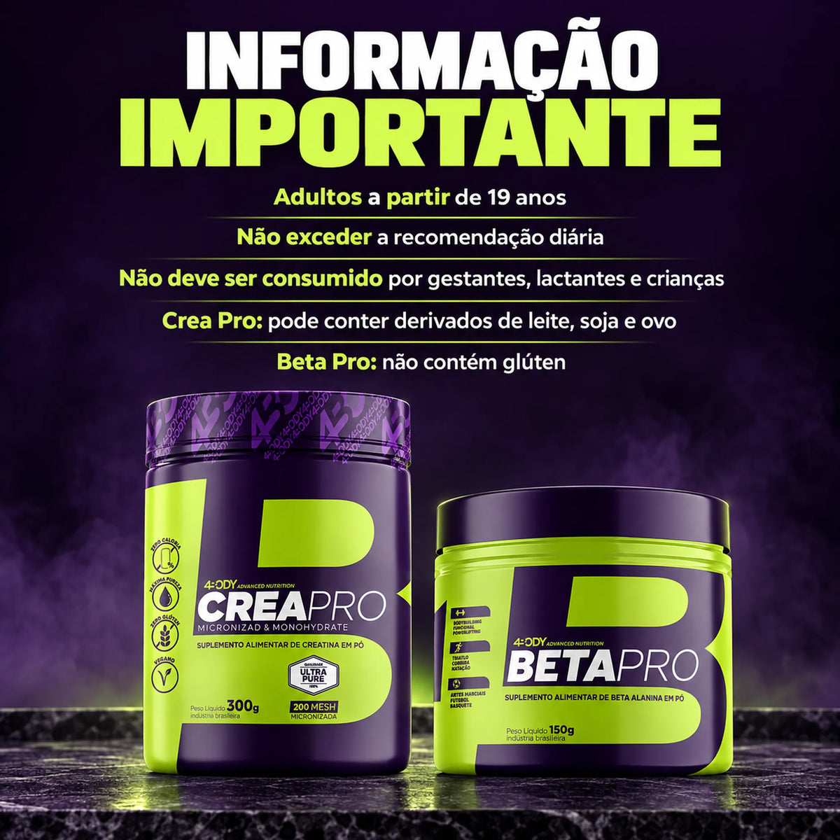 Informações importantes do kit 4Body com Crea Pro 300g e Beta Pro 150g: advertências e alérgicos