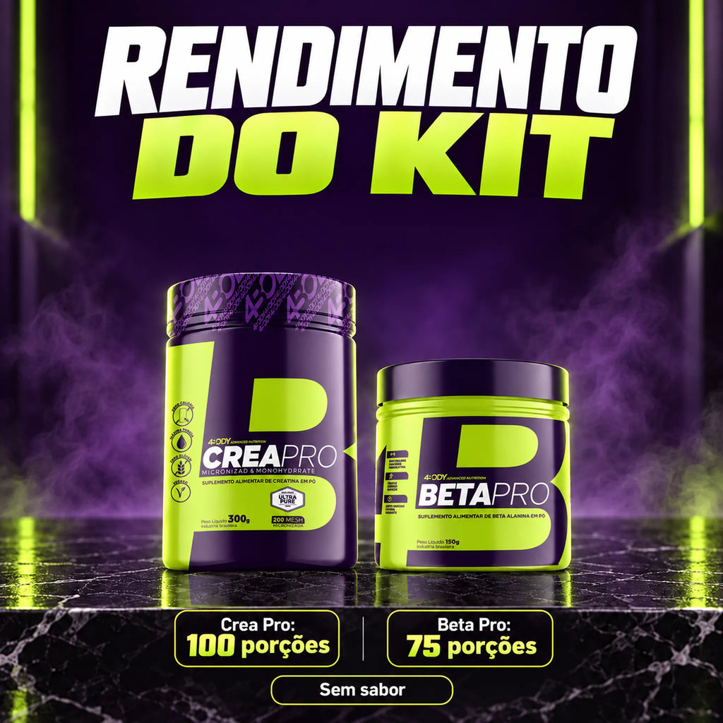 Rendimento do kit 4Body: Crea Pro 300g com 100 porções e Beta Pro 150g com 75 porções