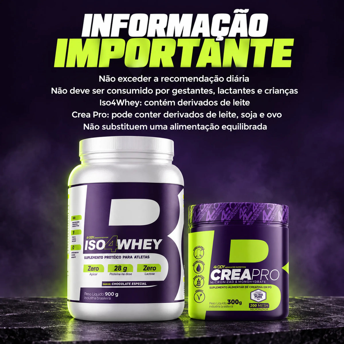 Informações importantes do kit 4Body com Iso4Whey 900g e Crea Pro 300g: advertências e alérgicos