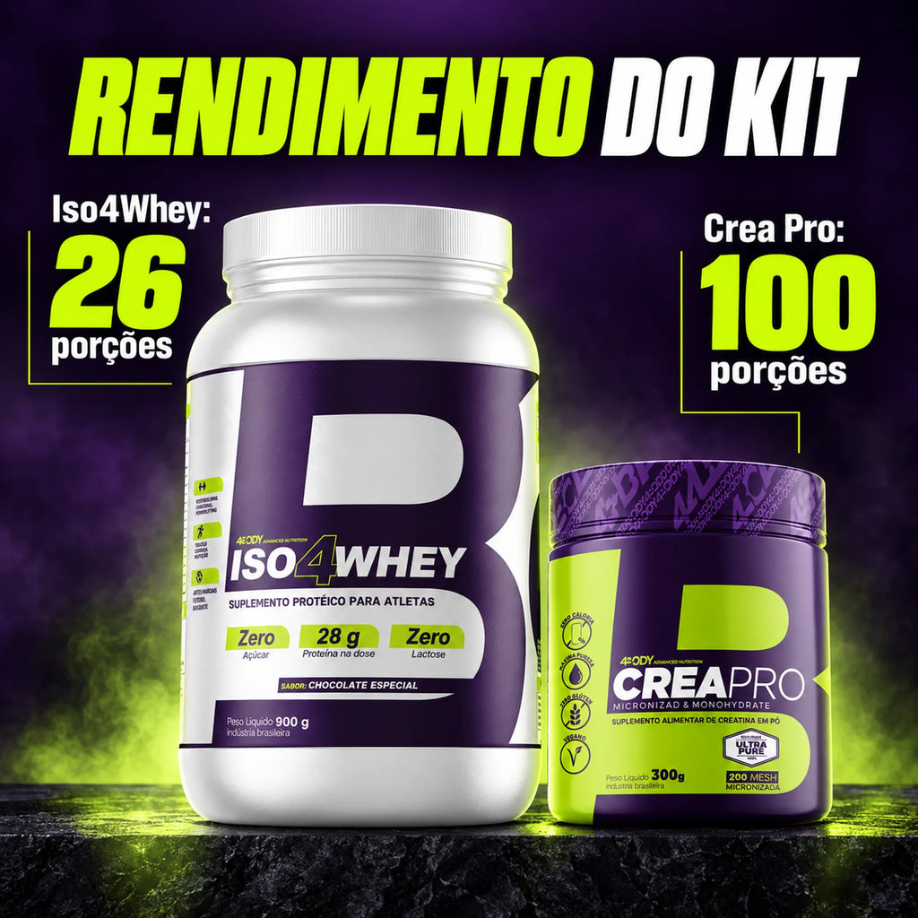 Rendimento do kit 4Body: Iso4Whey 900g com 26 porções e Crea Pro 300g com 100 porções