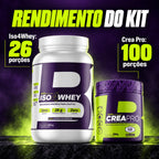 Rendimento do kit 4Body: Iso4Whey 900g com 26 porções e Crea Pro 300g com 100 porções