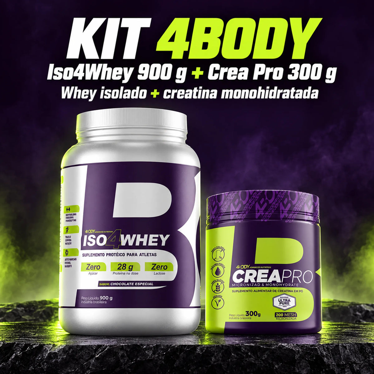 Kit 4Body com whey isolado Iso4Whey 900g e creatina Crea Pro 300g