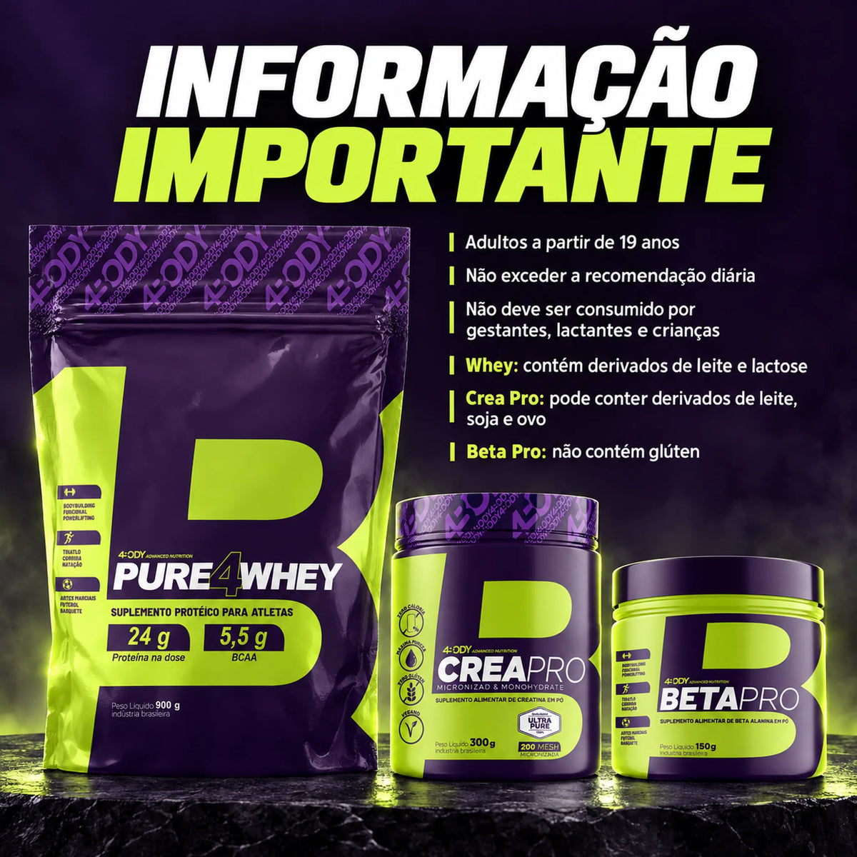 Informações importantes do kit 4Body com Pure Whey, Beta Pro e Crea Pro: advertências e alérgicos