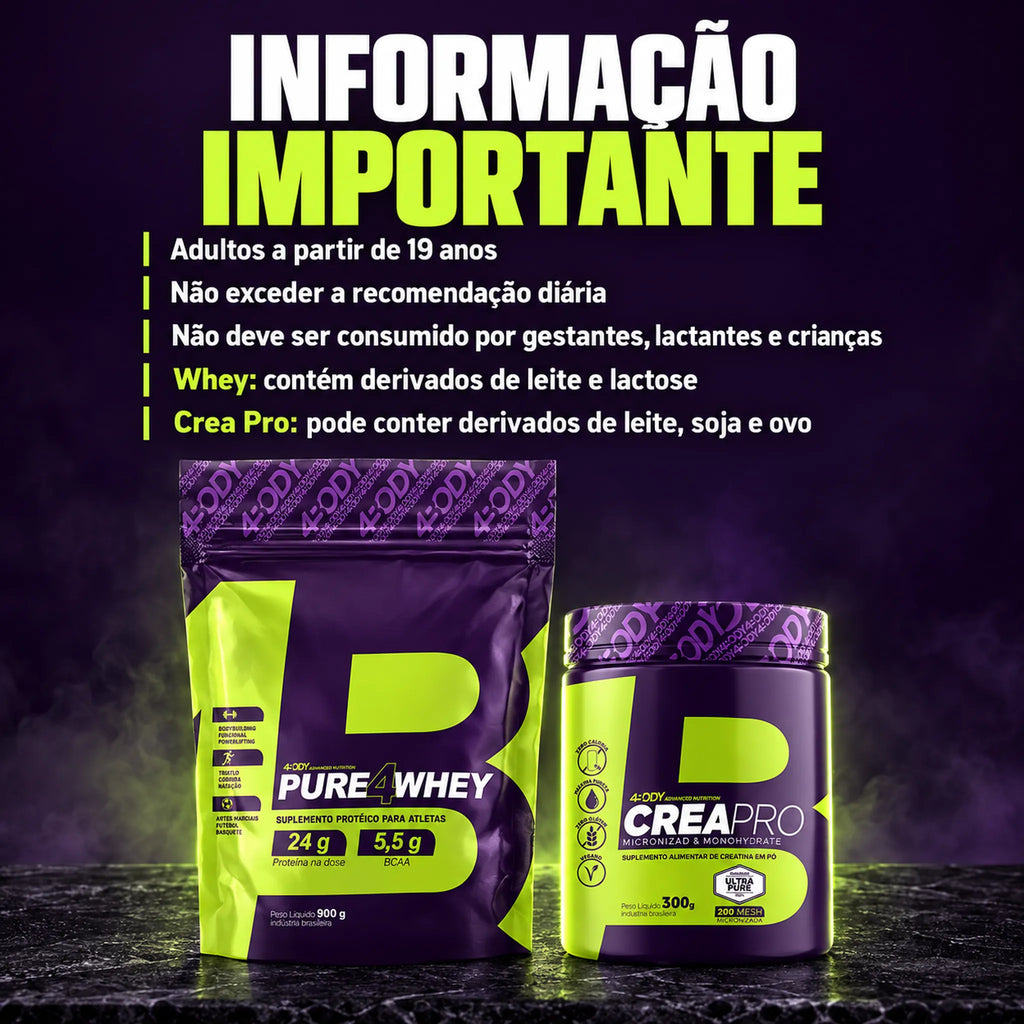 Informações importantes do kit 4Body com Pure Whey refil 900g e Crea Pro 300g: advertências e alérgicos